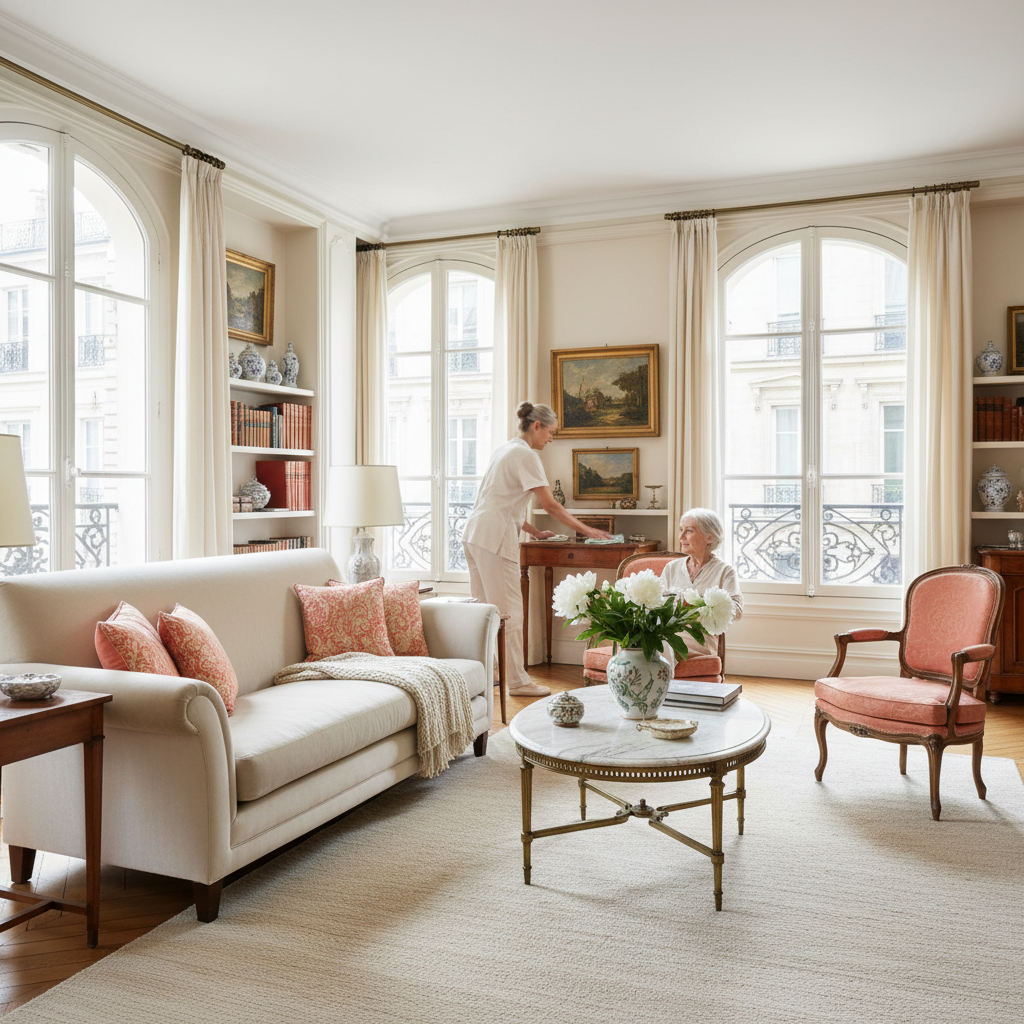 Salon lumineux et rangé d'une personne âgée, avec une aide ménagère travaillant discrètement en arrière-plan.