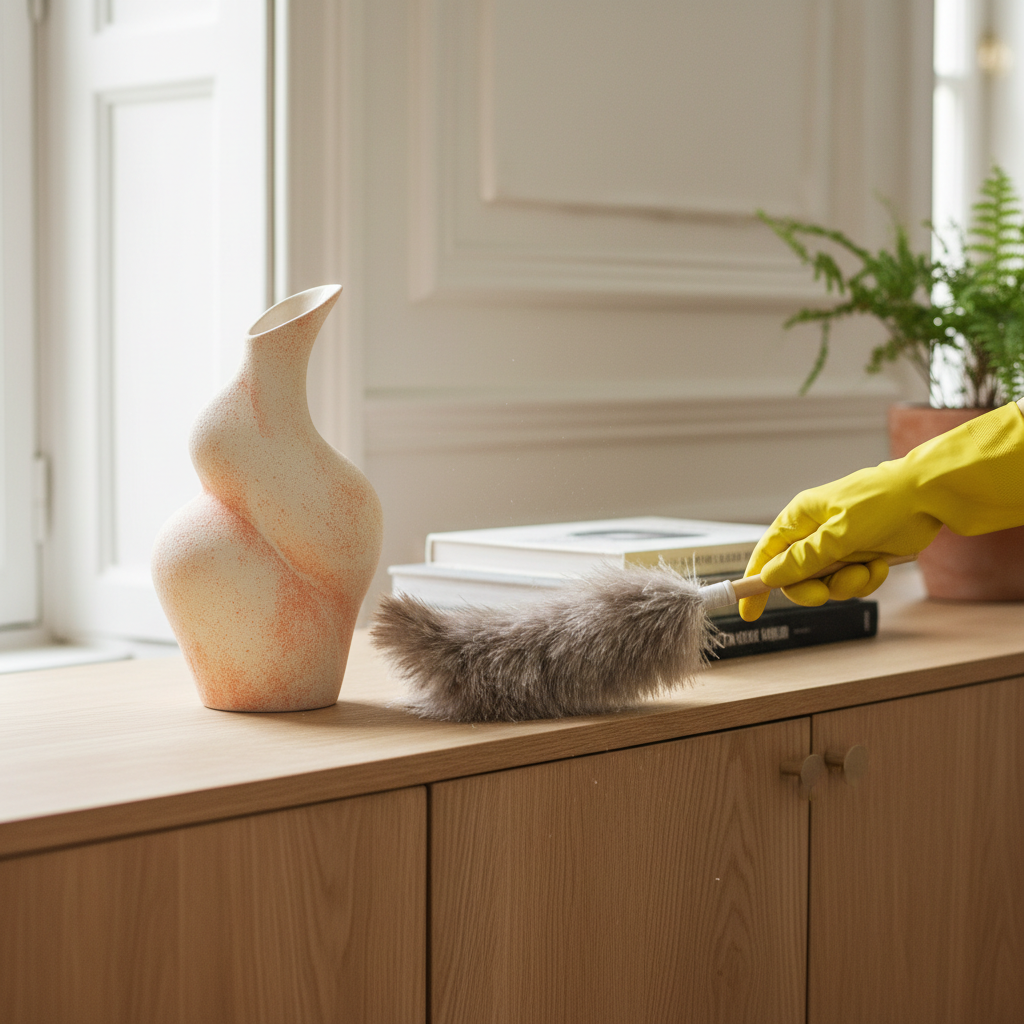 Vase en céramique posé sur une commode en bois clair, une main gantée d'un professionnel du ménage le déplace avec soin.