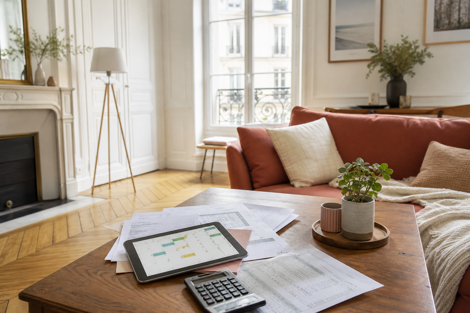 Calculatrice et documents fiscaux posés sur une table en bois à côté d'une tablette affichant un calendrier de ménage.