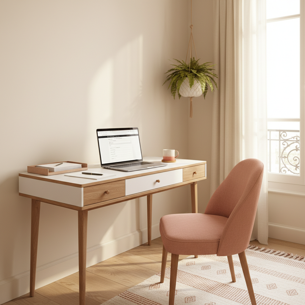 Bureau avec un ordinateur portable ouvert sur un formulaire administratif, symbolisant la déclaration de services à la personne en ligne.