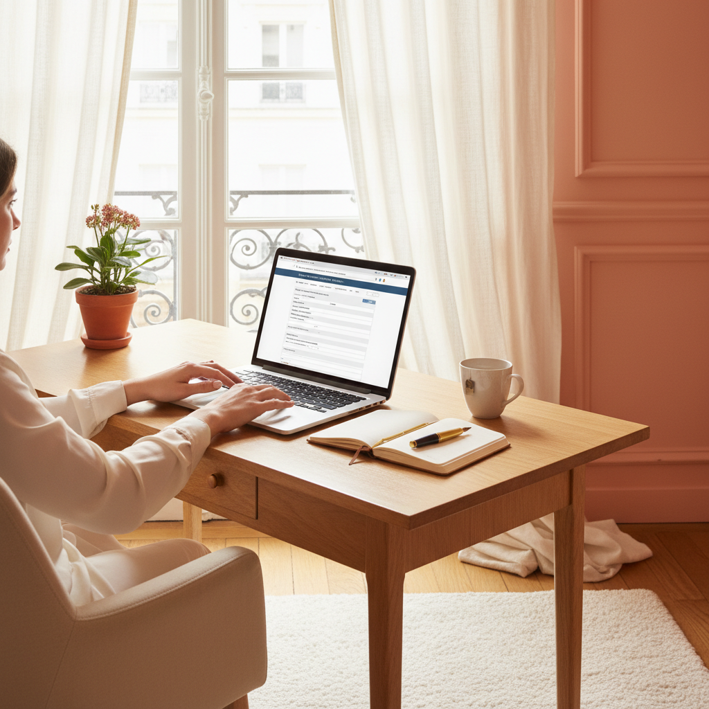 Bureau organisé avec un ordinateur portable ouvert sur le site de l'Urssaf, symbolisant les démarches pour devenir femme de ménage indépendante.