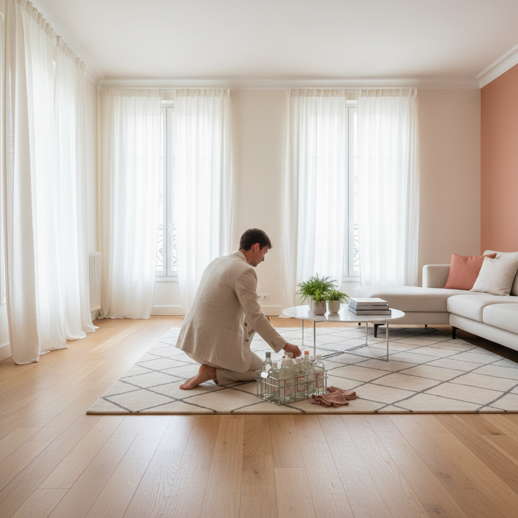 Femme de ménage professionnelle organisant son matériel de nettoyage dans un salon moderne et lumineux