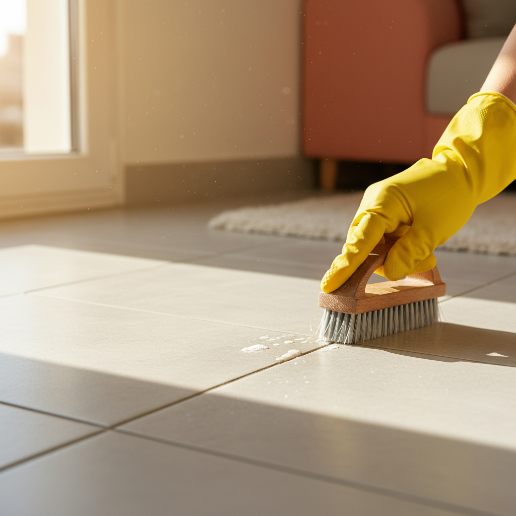 Nettoyage en cours des joints d'un sol en carrelage clair avec une brosse.