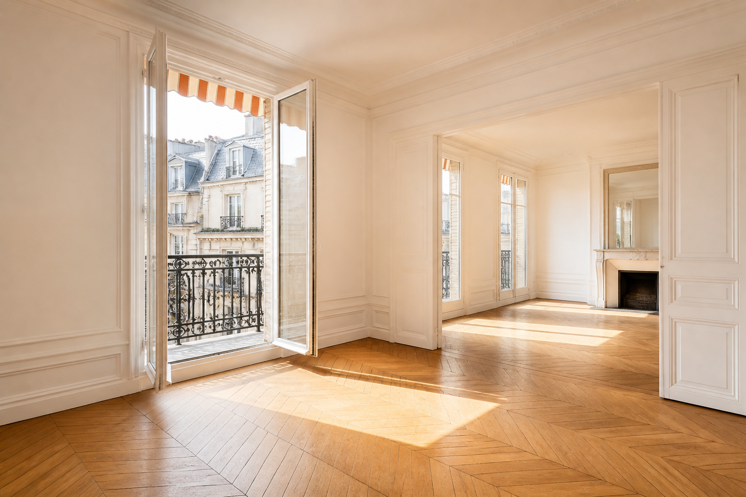 Appartement vide et lumineux, avec un parquet propre, prêt pour un état des lieux de sortie.