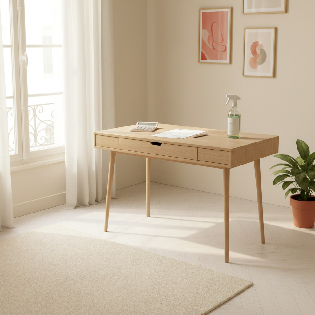 Calculatrice et facture sur un bureau en bois clair à côté d'un vaporisateur de produit ménager écologique, symbolisant le budget du ménage à domicile.