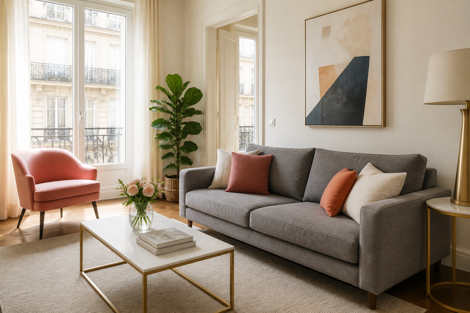 Salon lumineux et rangé avec un canapé gris, signe d'un ménage régulier et efficace.