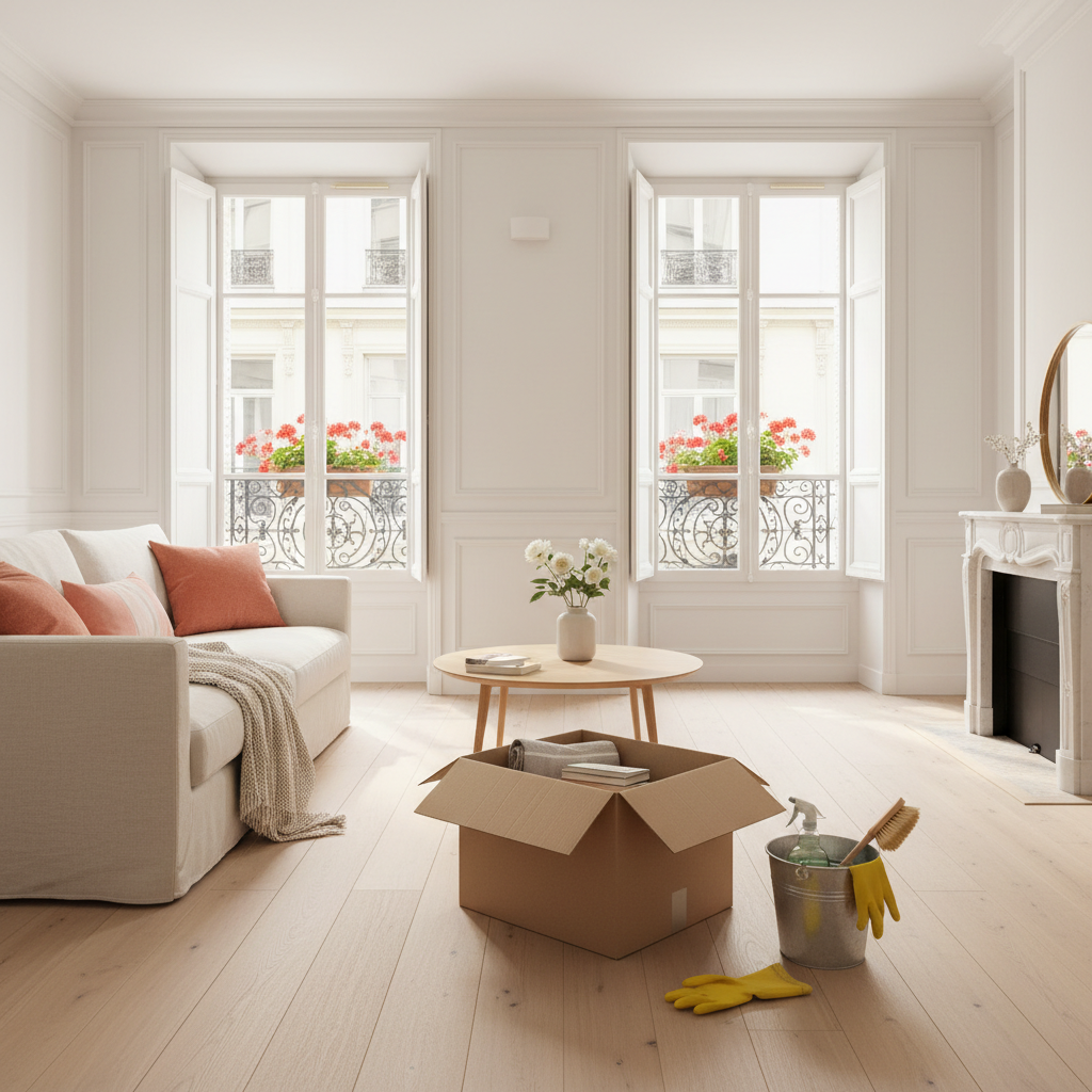 Intérieur lumineux avec des boîtes de rangement et des produits de nettoyage posés sur un sol propre, prêts pour un grand ménage de printemps.
