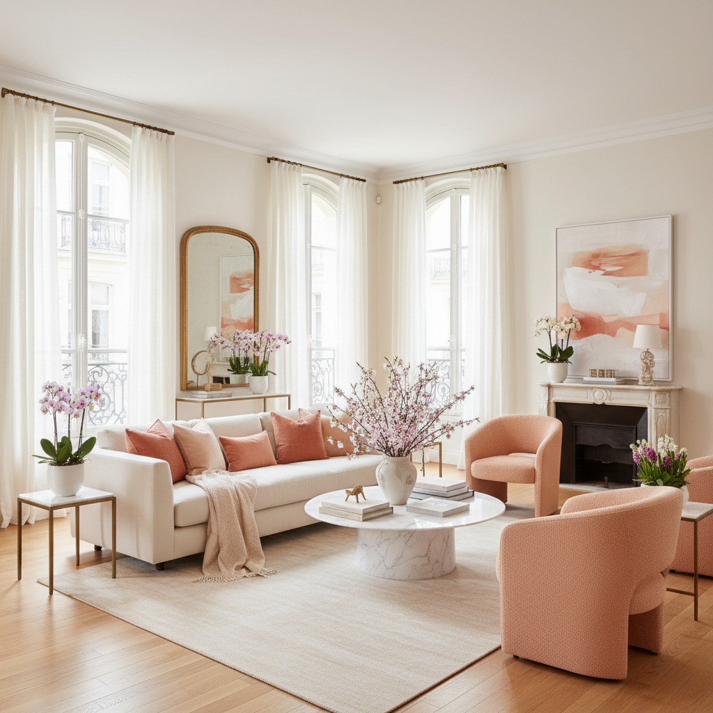 Intérieur de salon lumineux et bien rangé au printemps, avec des fenêtres propres laissant entrer le soleil.