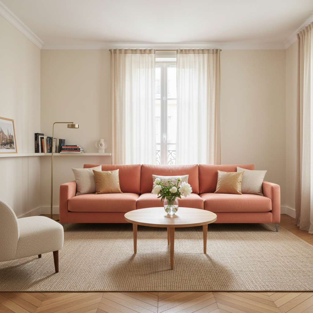 Salon lumineux et rangé avec un canapé gris et une table basse en bois, prêt à accueillir des invités.
