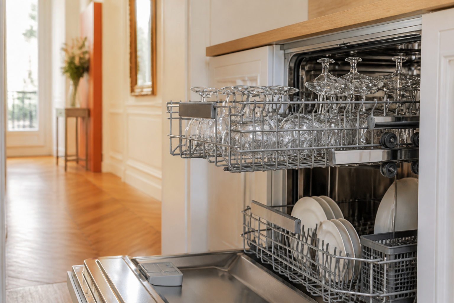 Vue intérieure d'un lave-vaisselle moderne ouvert et propre, avec des verres étincelants rangés dans le panier supérieur.