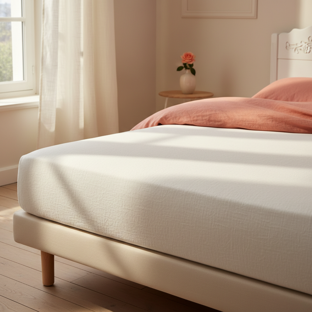Un matelas propre dans une chambre lumineuse, avec des draps blancs frais, symbolisant l'hygiène et le confort.