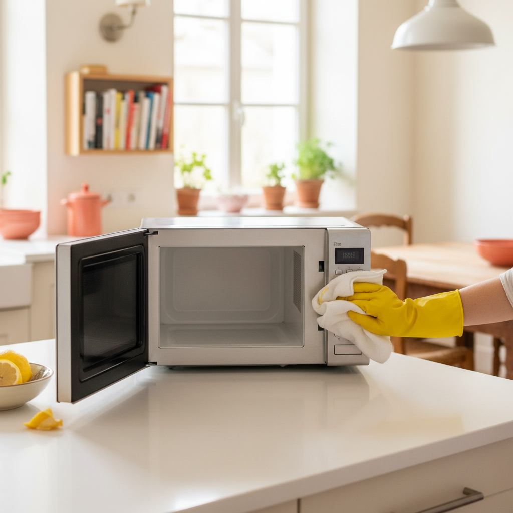 Intérieur d'un micro-ondes propre et brillant après un nettoyage à la vapeur de citron.