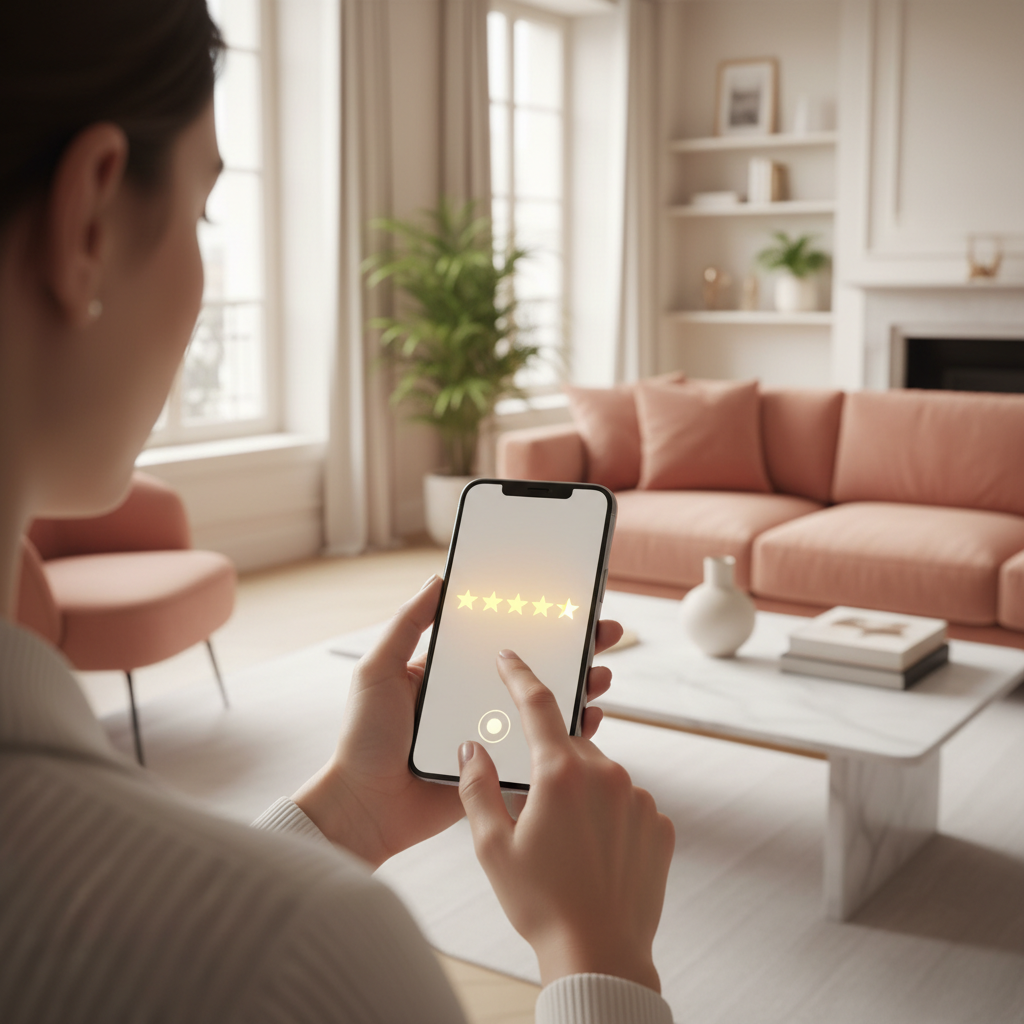 Une personne utilisant son smartphone pour noter une prestation de ménage dans un salon propre et lumineux.