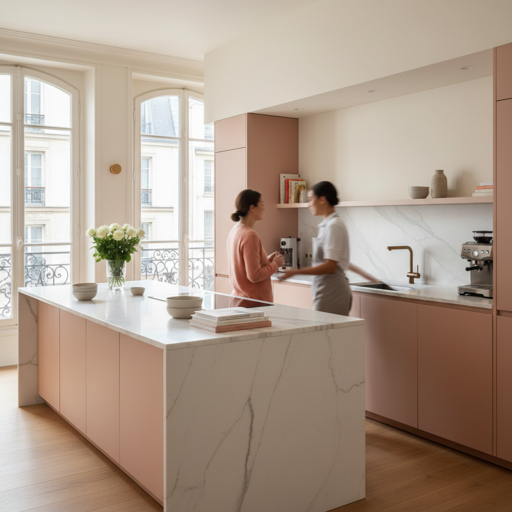 Une intervenante de ménage discute avec un client dans une cuisine moderne et lumineuse avant de commencer la prestation.