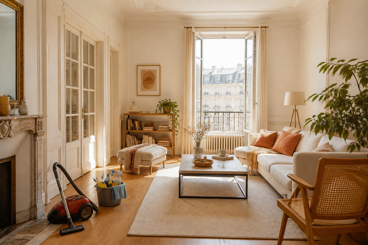 Intérieur d'un salon lumineux et légèrement rangé, avec un aspirateur et un seau posés, prêts pour le ménage.