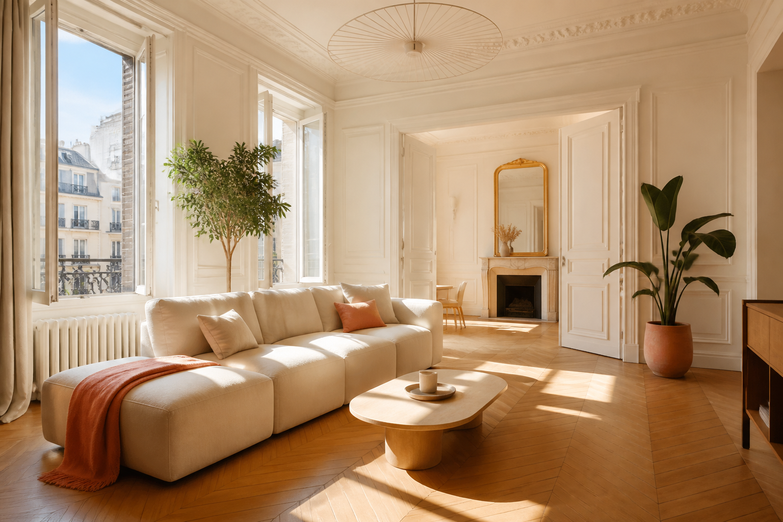 Intérieur lumineux d'un appartement marseillais avec vue sur le salon propre et rangé.