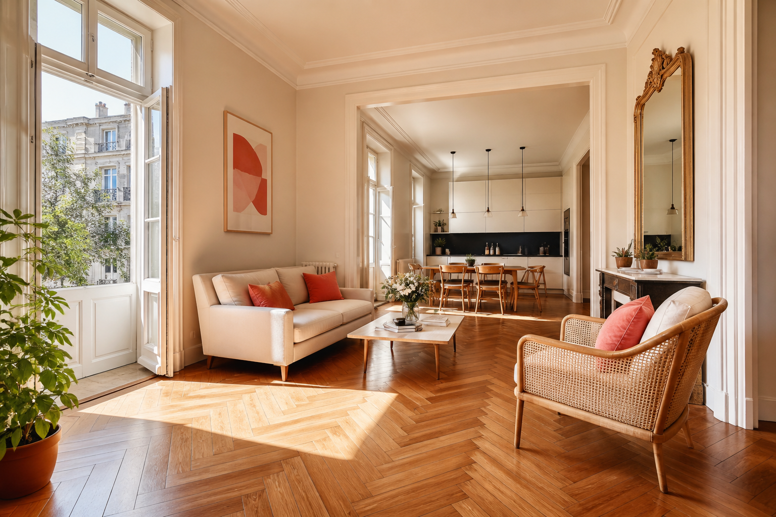 Intérieur lumineux d'un appartement haussmannien à Montpellier, sol propre et cuisine en arrière-plan