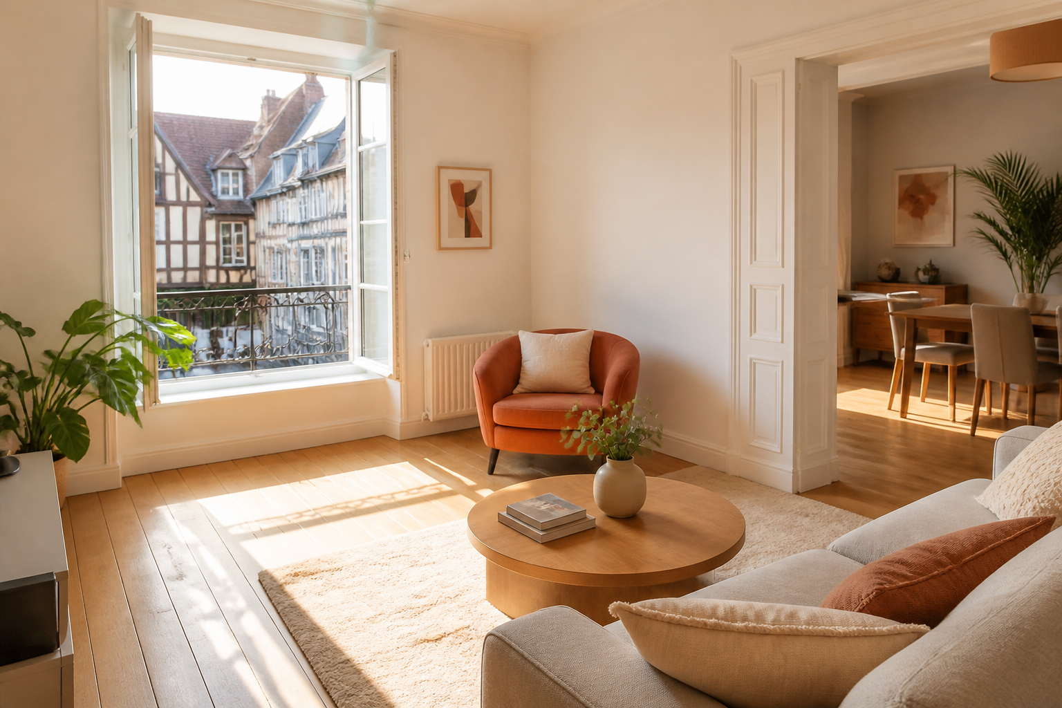 Intérieur d'un appartement lumineux à Strasbourg avec un parquet propre
