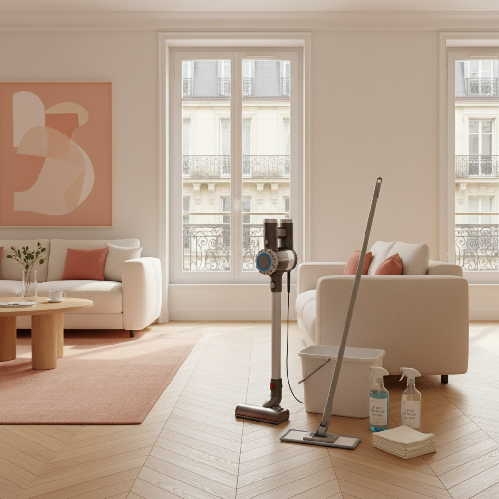 Une sélection de produits de ménage et un aspirateur posés sur un parquet propre dans un salon lumineux.