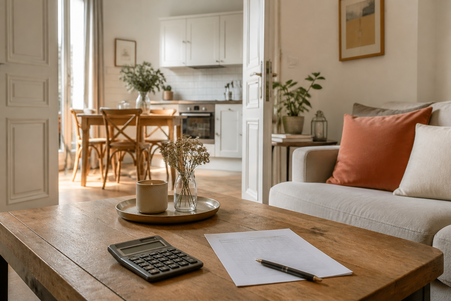 Calculatrice et facture sur une table en bois dans un salon propre et lumineux, illustrant le calcul du reste à charge pour un ménage à domicile.