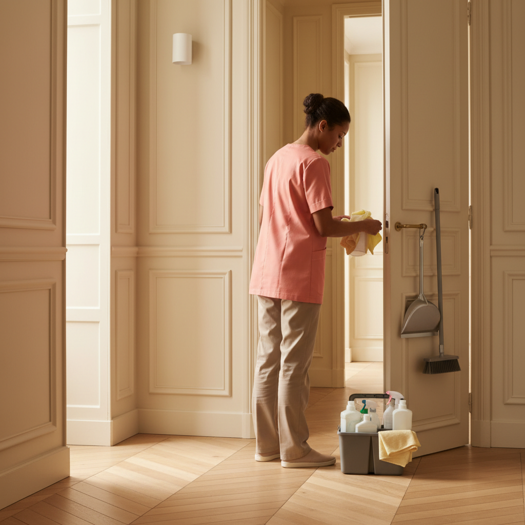 Une intervenante de ménage professionnelle, souriante et organisée, prépare son matériel dans une entrée d'appartement lumineux.
