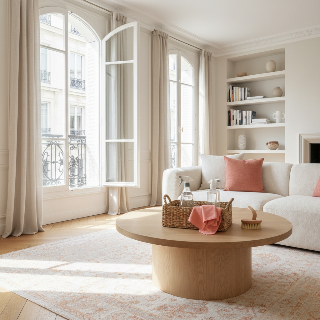 Aide-ménagère professionnelle organisant son matériel de nettoyage dans un salon lumineux et moderne.